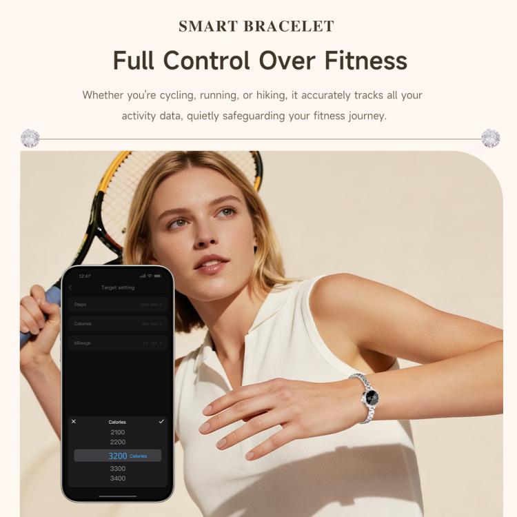 Silver smart bracelet worn during exercise, with a phone displaying fitness settings