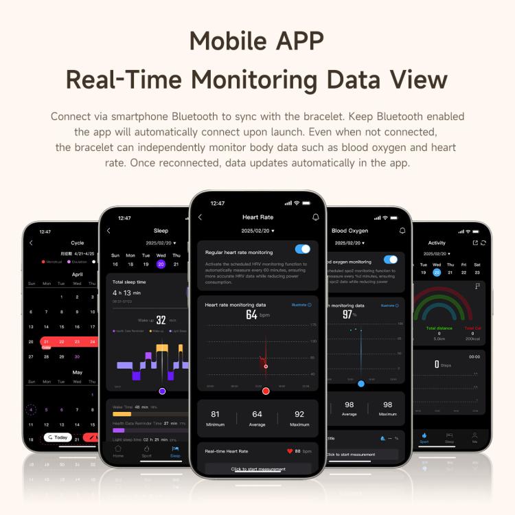 Smart bracelet app screens showing sleep, heart rate, blood oxygen, cycle, and activity data