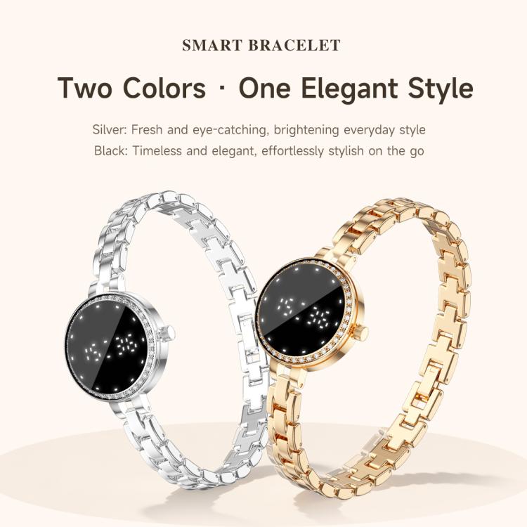 Smart bracelet in silver and rose gold with round black display and linked metal bands