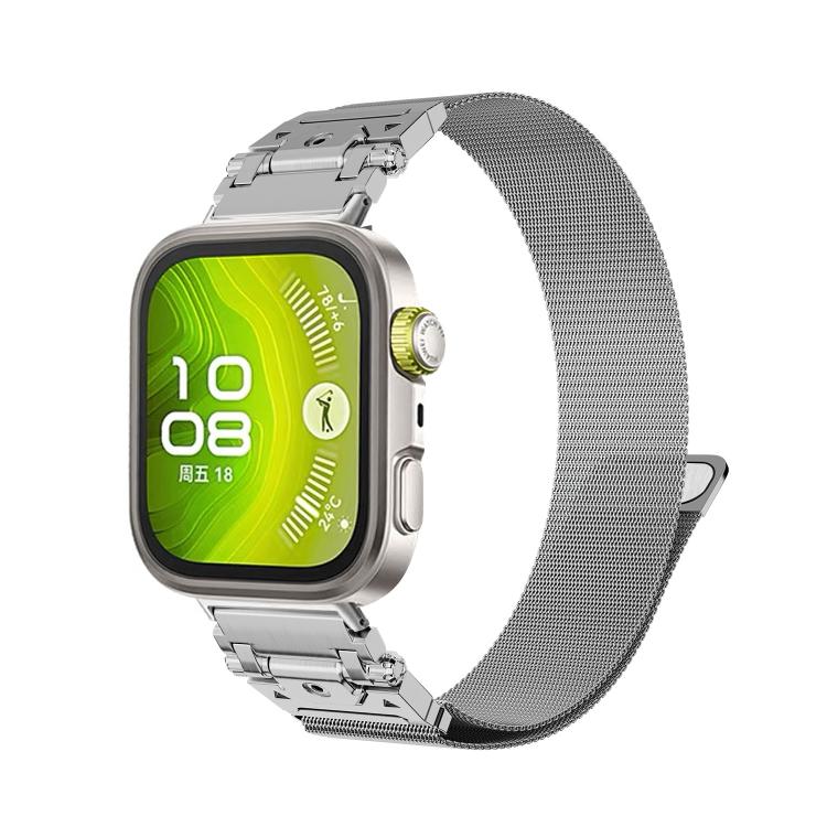 Silver stainless steel Milanese magnetic watch band attached to a smartwatch