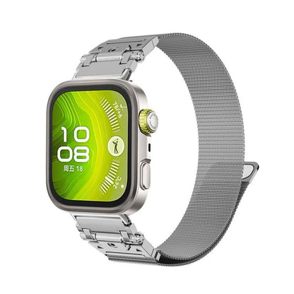 Silver stainless steel Milanese magnetic watch band attached to a smartwatch