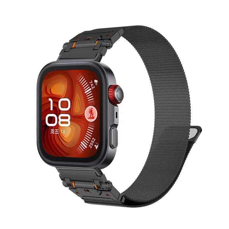 Black stainless steel Milanese magnetic watch band attached to a smartwatch