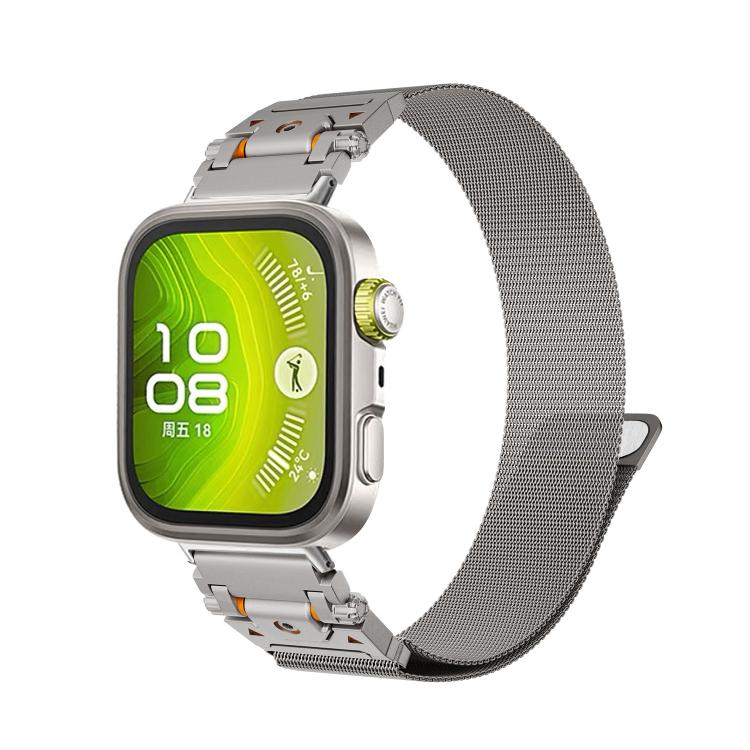 Titanium-tone stainless steel Milanese magnetic watch band attached to a smartwatch