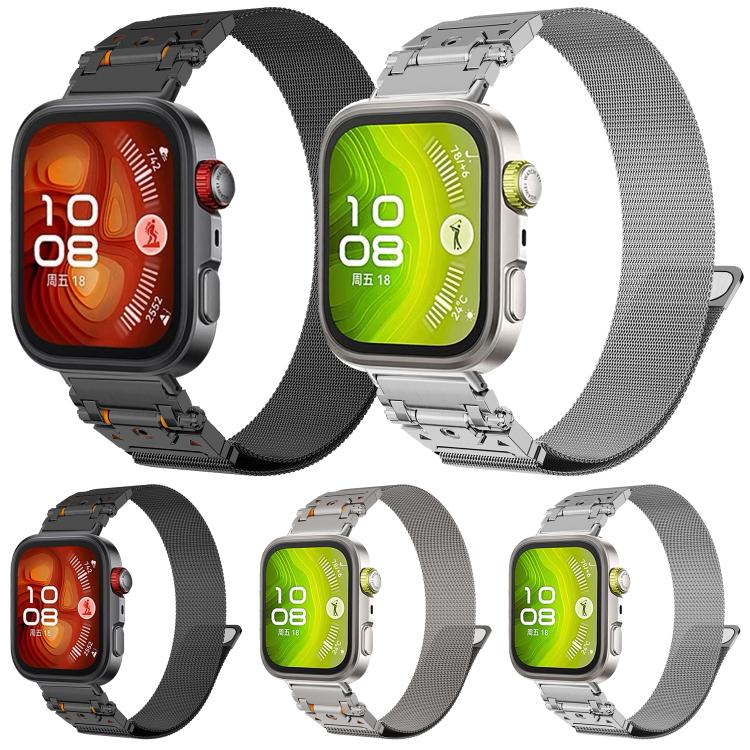Milanese magnetic watch bands in black and silver shown on smartwatches