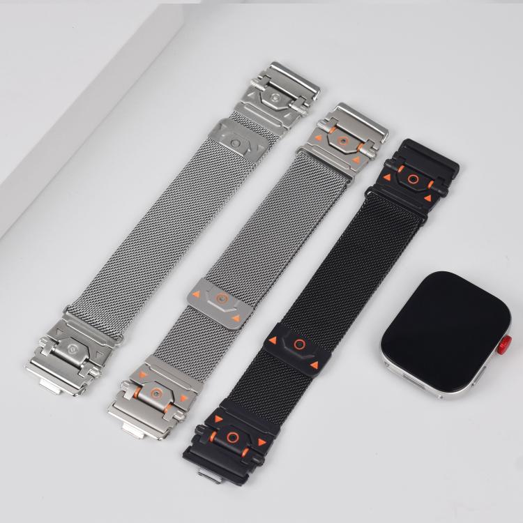 Three stainless steel Milanese watch bands in silver, titanium tone, and black