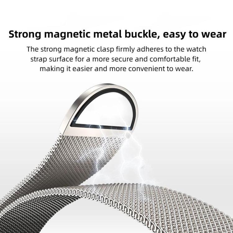Close-up of a silver Milanese watch band and its magnetic metal clasp