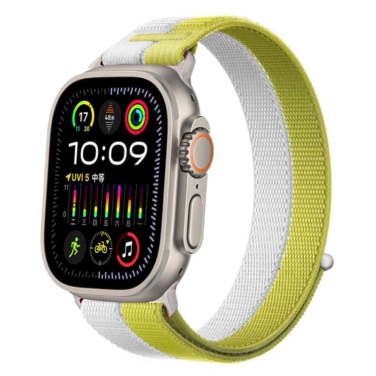 White and yellow-green woven nylon loop watch band with metal connectors