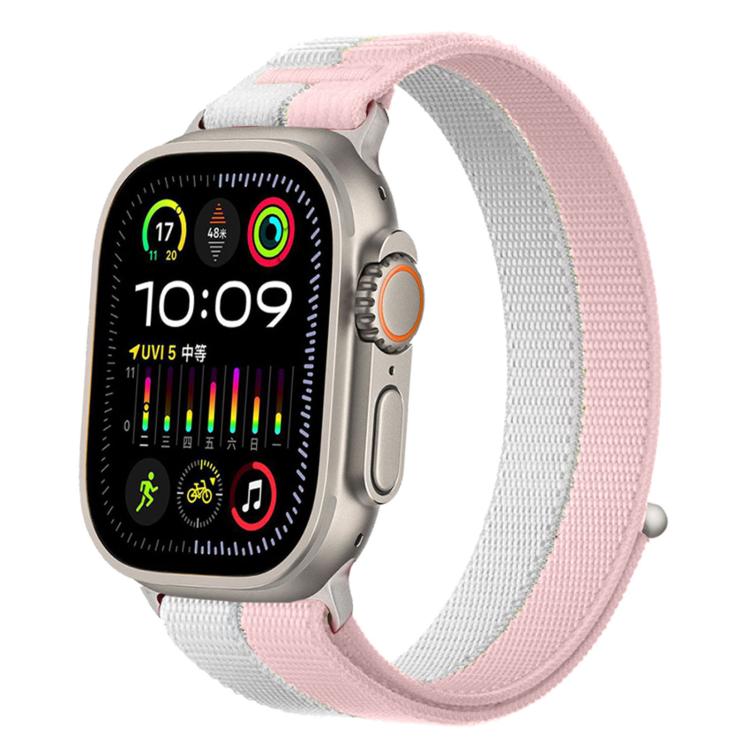 White and pale pink woven nylon loop watch band with metal connectors