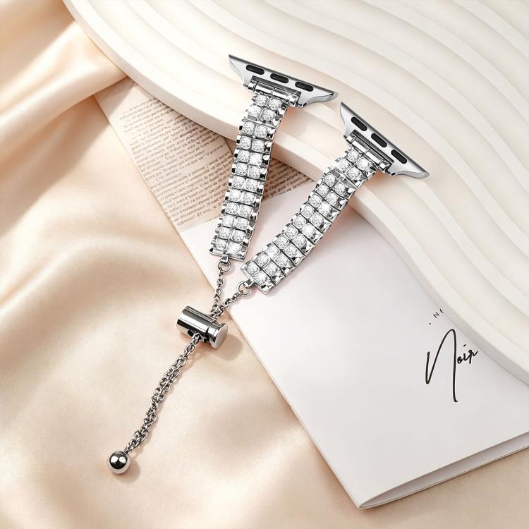 Silver crystal-set watch band with adjustable chain and sliding clasp