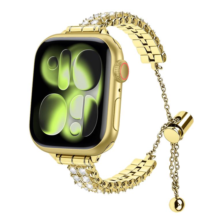 Gold dual-row diamond metal watch band with adjustable chain clasp, shown on a smartwatch