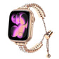 Rose gold dual-row diamond metal watch band with adjustable chain clasp, shown on a smartwatch