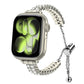 Silver dual-row diamond metal watch band with adjustable chain clasp, shown on a smartwatch
