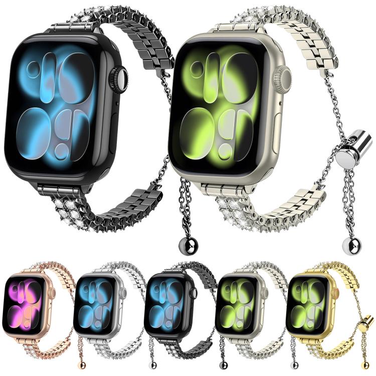 Dual-row diamond metal watch bands in several colors, shown fitted on smartwatches