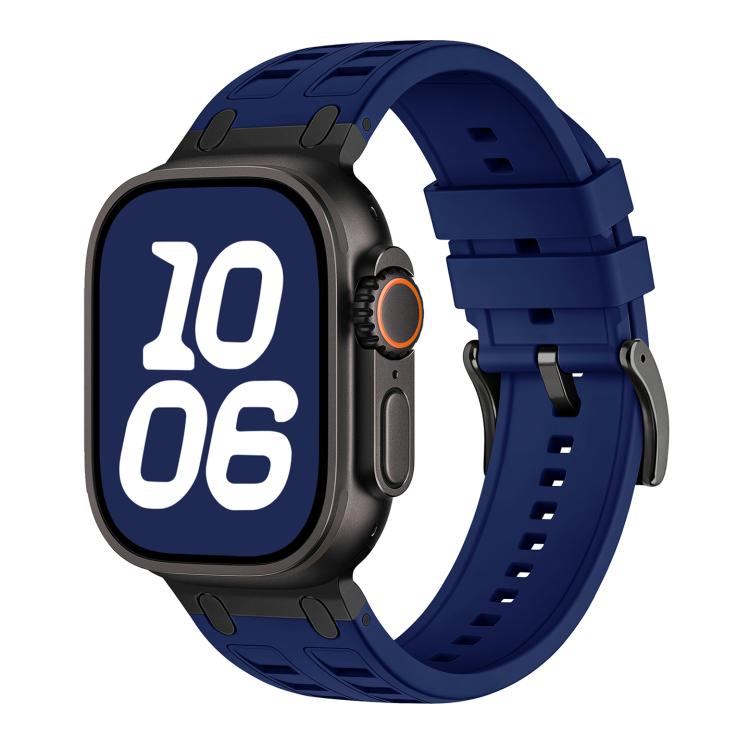 Silicone watch band in deep blue with a black smartwatch.
