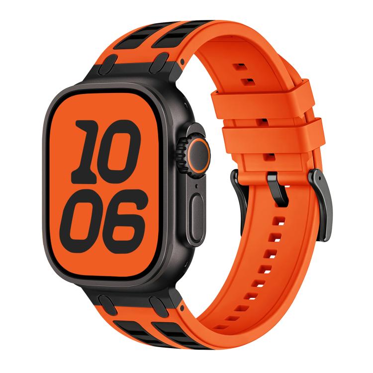 Two-tone silicone watch band in bright orange and black.
