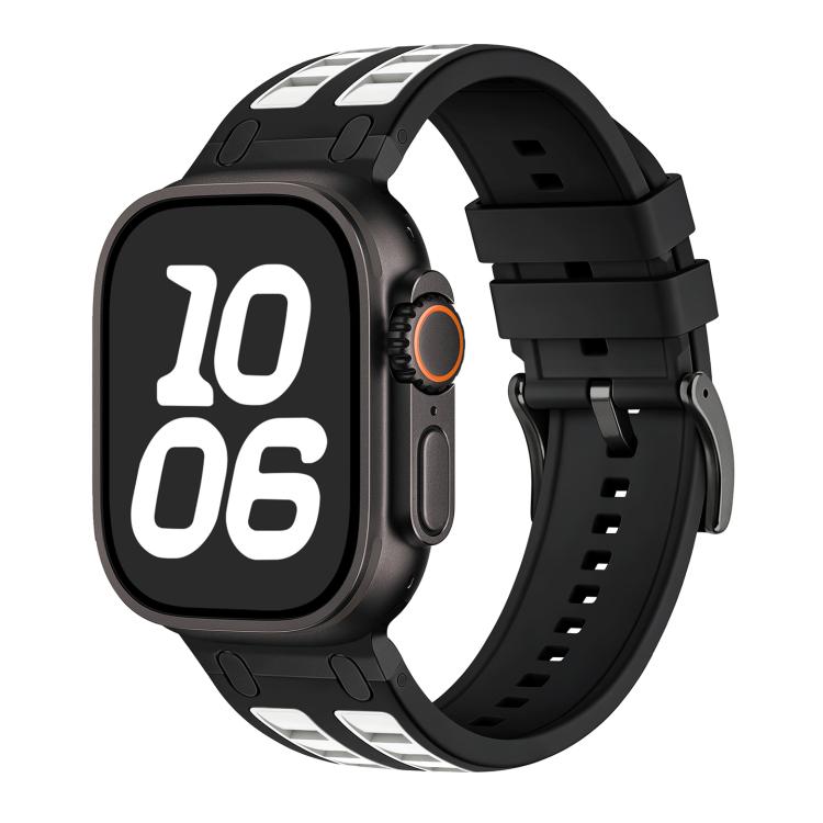 Two-tone silicone watch band in black and white.