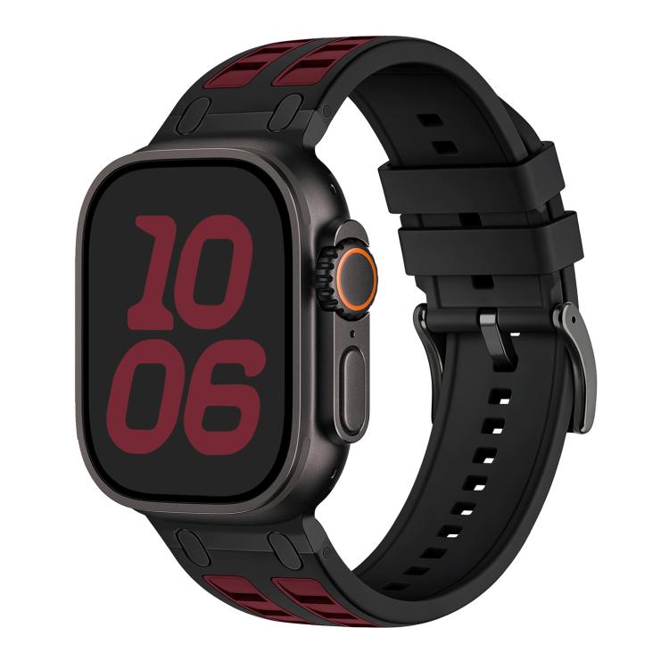 Two-tone silicone watch band in black and wine red.