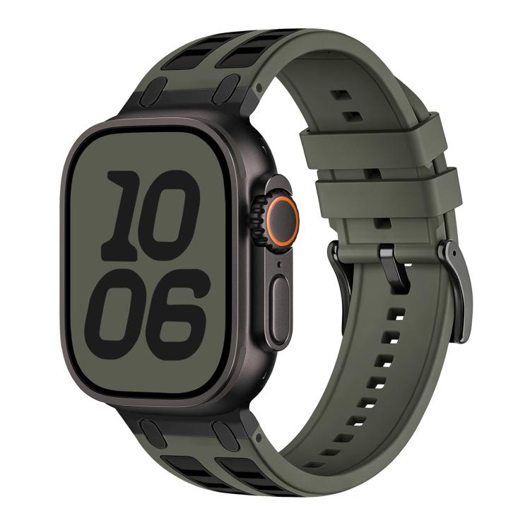 Army green silicone Apple Watch band with black accents, shown fitted to a watch