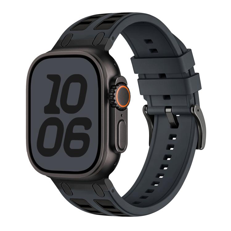 Silicone watch band in charcoal black with a dark smartwatch.