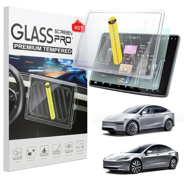 Car navigation tempered glass screen protector kit in box, includes installation accessories