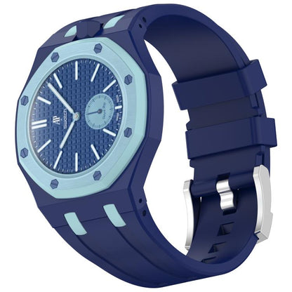 Dark blue silicone watch with pale blue accents, textured dial, and stainless steel buckle