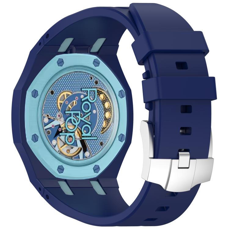 Dark blue silicone watch with pale blue accents, detailed blue and gold dial, and steel buckle