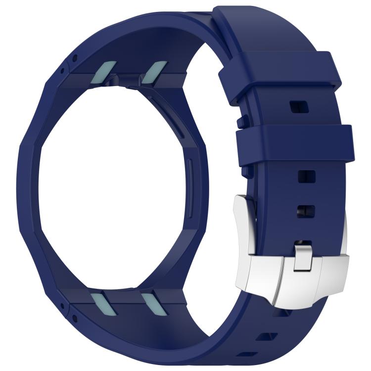 Dark blue silicone watch band with pale blue accents and stainless steel pin buckle