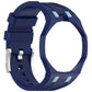 Reverse side of a dark blue silicone watch band with pale blue accents and steel buckle