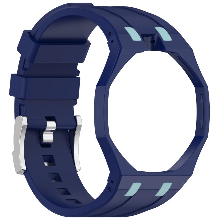 Reverse side of a dark blue silicone watch band with pale blue accents and steel buckle