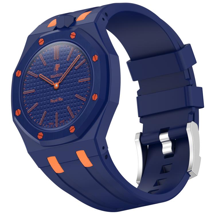 Dark blue silicone watch with orange accents, textured dial, and stainless steel buckle
