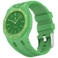 Green silicone watch with darker green accents, textured dial, and stainless steel buckle