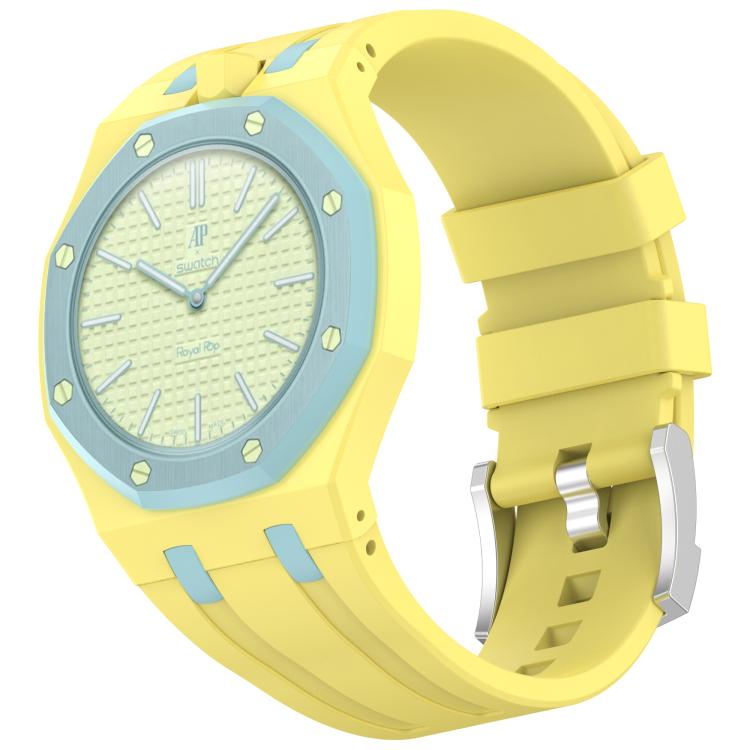 Yellow silicone watch with light blue accents, textured dial, and stainless steel buckle