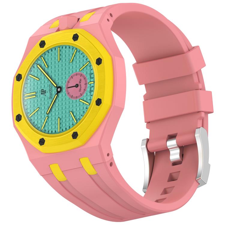 Pink silicone watch with yellow accents and turquoise dial, plus stainless steel buckle