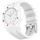 White silicone watch band with stainless steel pin buckle, shown attached to a white watch.