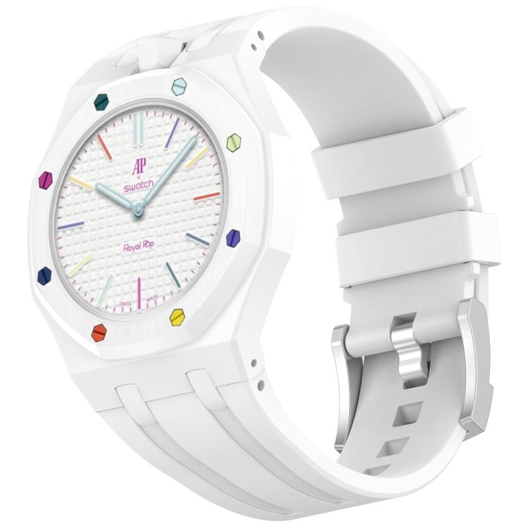 White silicone watch band with stainless steel pin buckle, shown attached to a white watch.