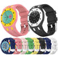 Silicone watch bands in pink, black, navy, green, yellow, and white, shown with watches.