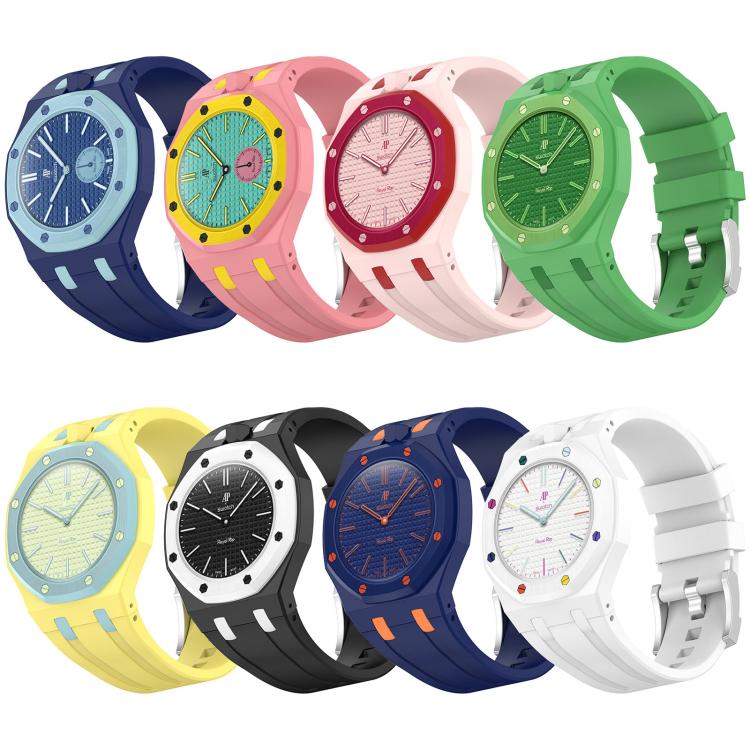 Eight silicone watch bands in contrasting colors, shown attached to watches.