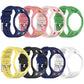Eight contrasting-color silicone watch bands shown from the back, with stainless steel buckles.