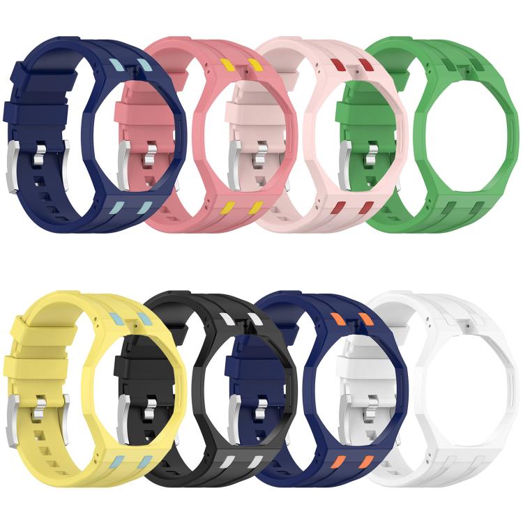 Eight contrasting-color silicone watch bands shown from the back, with stainless steel buckles.
