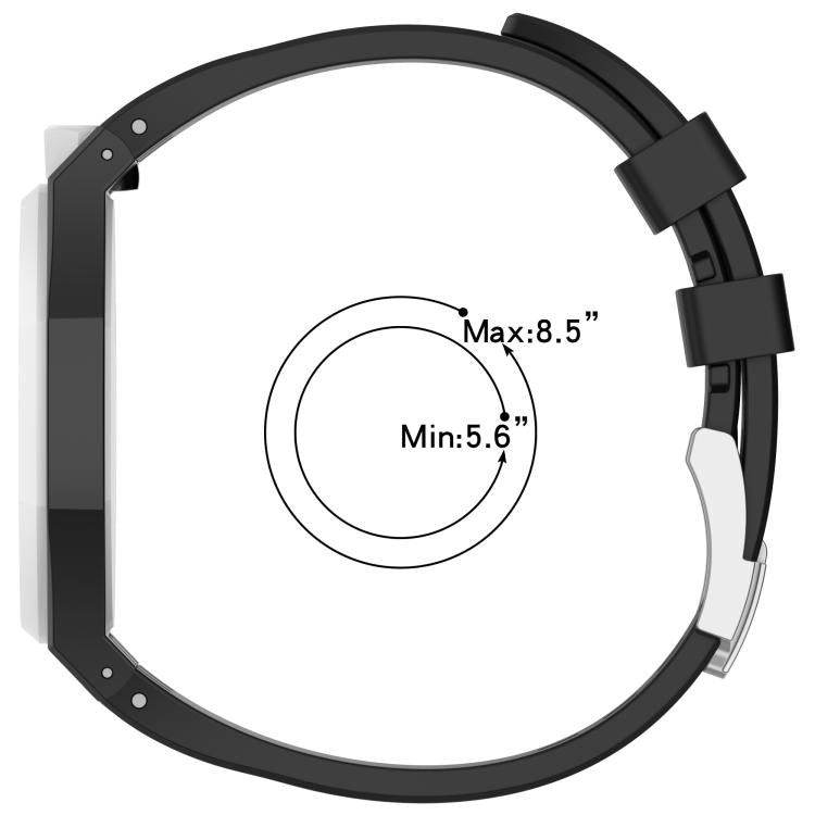 Black silicone watch band shown in a circle, with a wrist fit range of 5.6 to 8.5 inches.