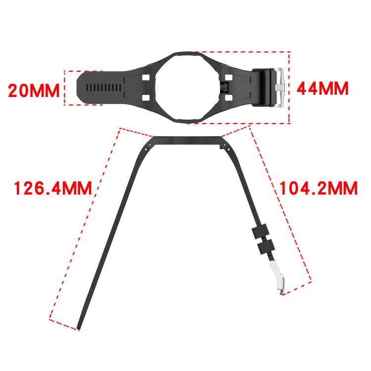 Black silicone watch band dimensions: 20 mm wide, with 126.4 mm and 104.2 mm strap sections.