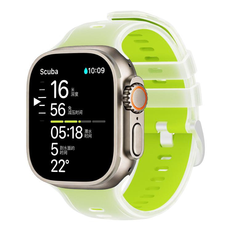 Bright green two-tone silicone watch band fitted to a smartwatch