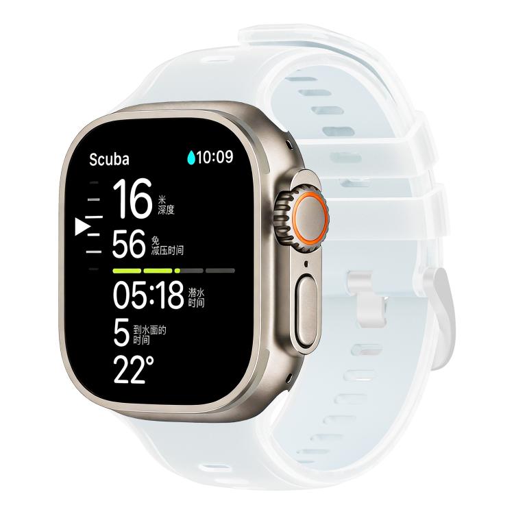 Clear silicone watch band with pale blue inner layer, shown on a smartwatch