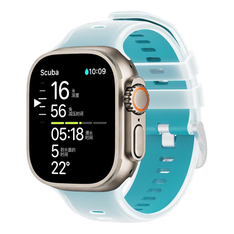 Clear silicone watch band with bright cyan inner layer on a smartwatch