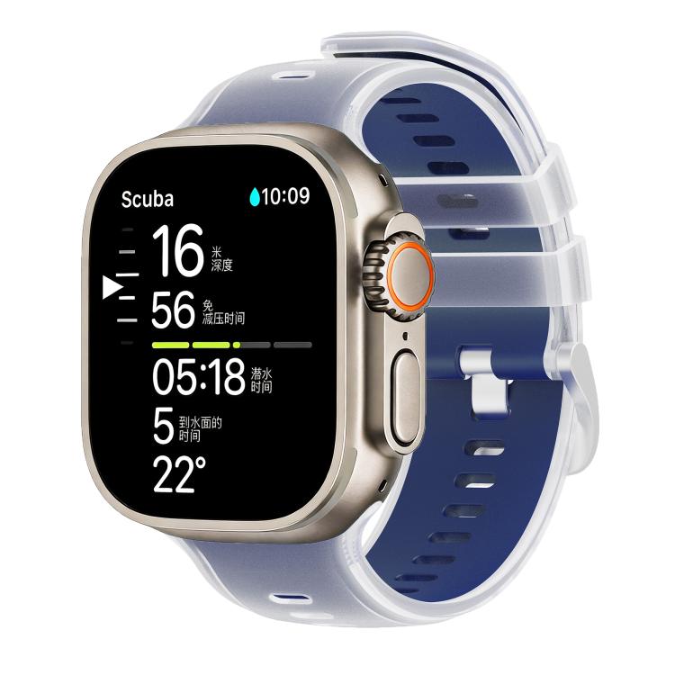 Clear silicone watch band with dark blue inner layer on a smartwatch