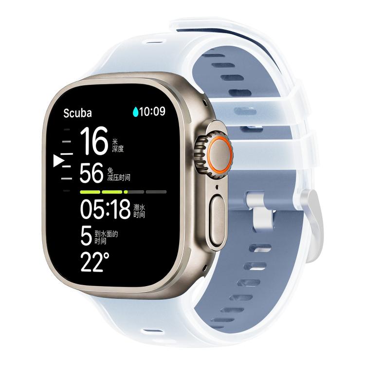 Clear silicone watch band with slate blue inner layer on a smartwatch
