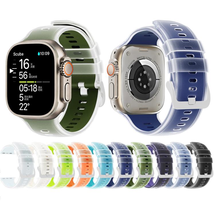 Two-tone silicone watch bands in multiple colors, shown on front and back of a smartwatch