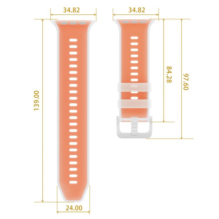 Orange silicone watch band pieces shown flat with measurements