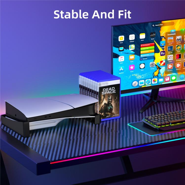 Black console cooling base with ribbed side fins and storage rail