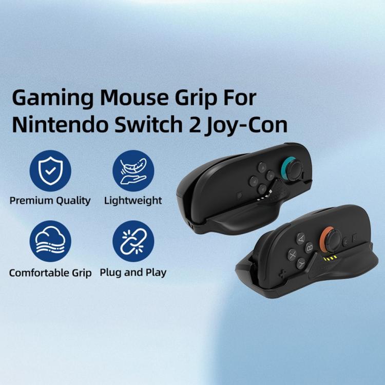 Pair of black gaming mouse grips with colored thumb controls, angled view